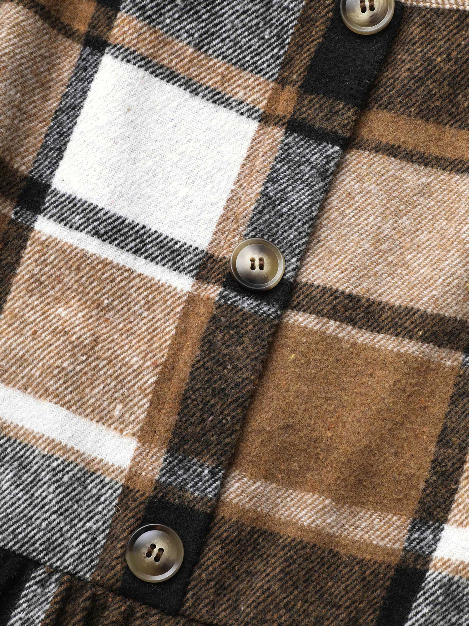 Square Neck Plaid Button Detail Belted Dress