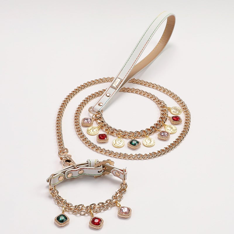 Multicolor Rhinestone Dog Cat Collar&Leash