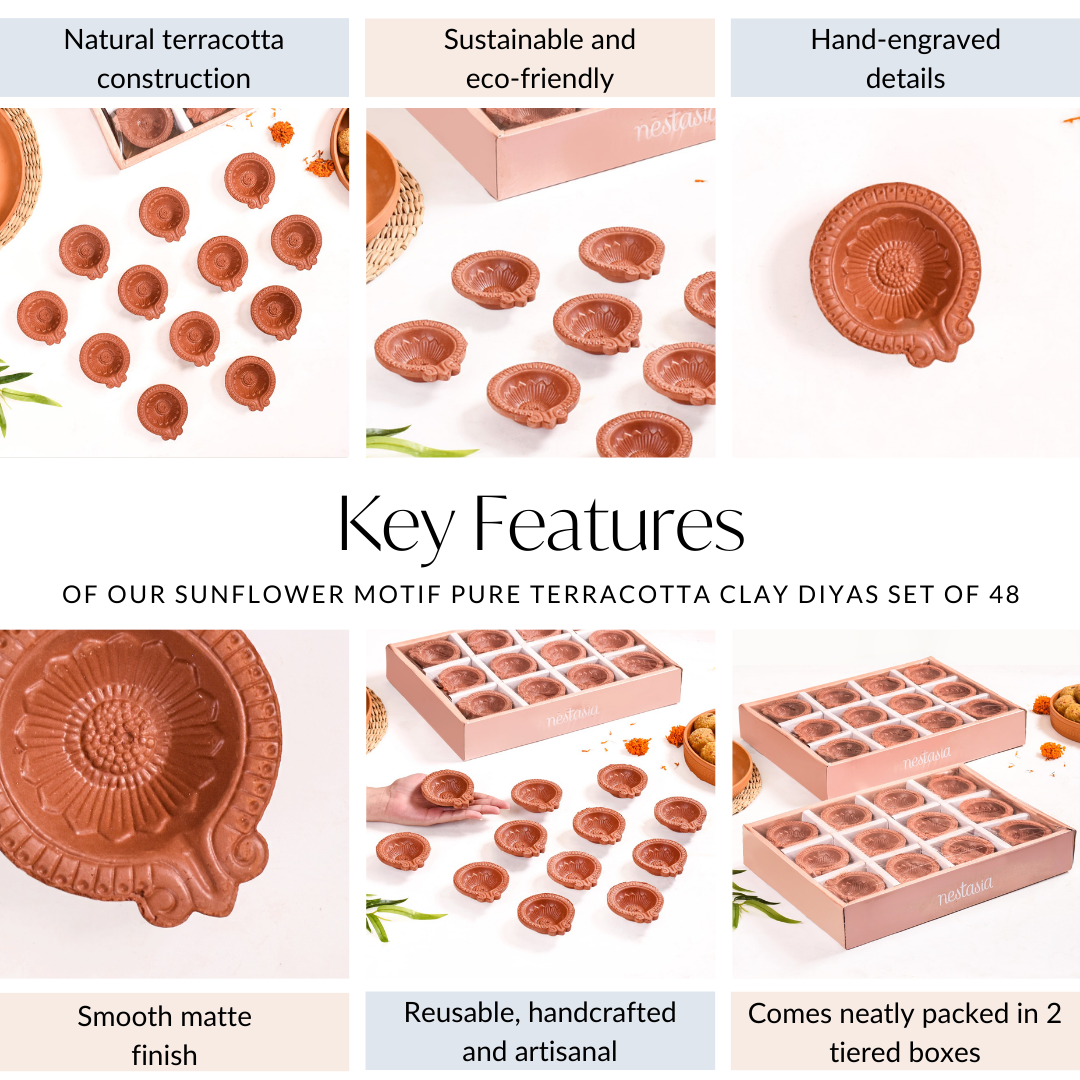 Sunflower Motif Pure Terracotta Clay Diyas Set Of 48