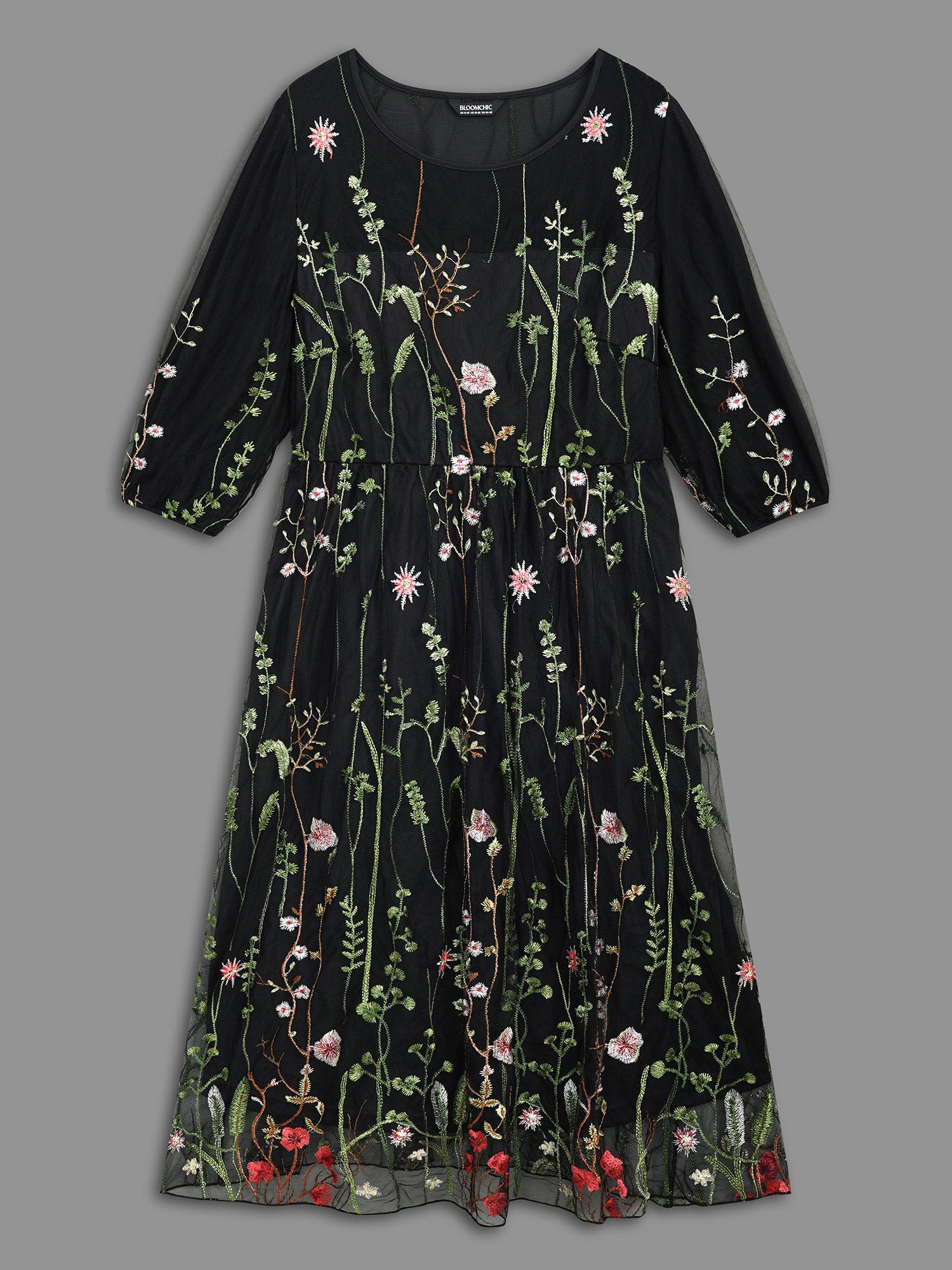 Floral Embroidered Elastic Waist Lined Midi Dress