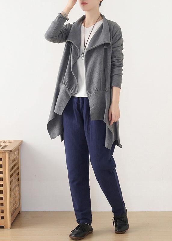 Chic Grey Peter Pan Collar Zippered Fall Short Coat
