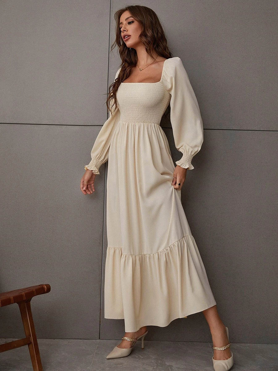 Square Neck Long Sleeve Ruffle High Waist Dress (5 colors)