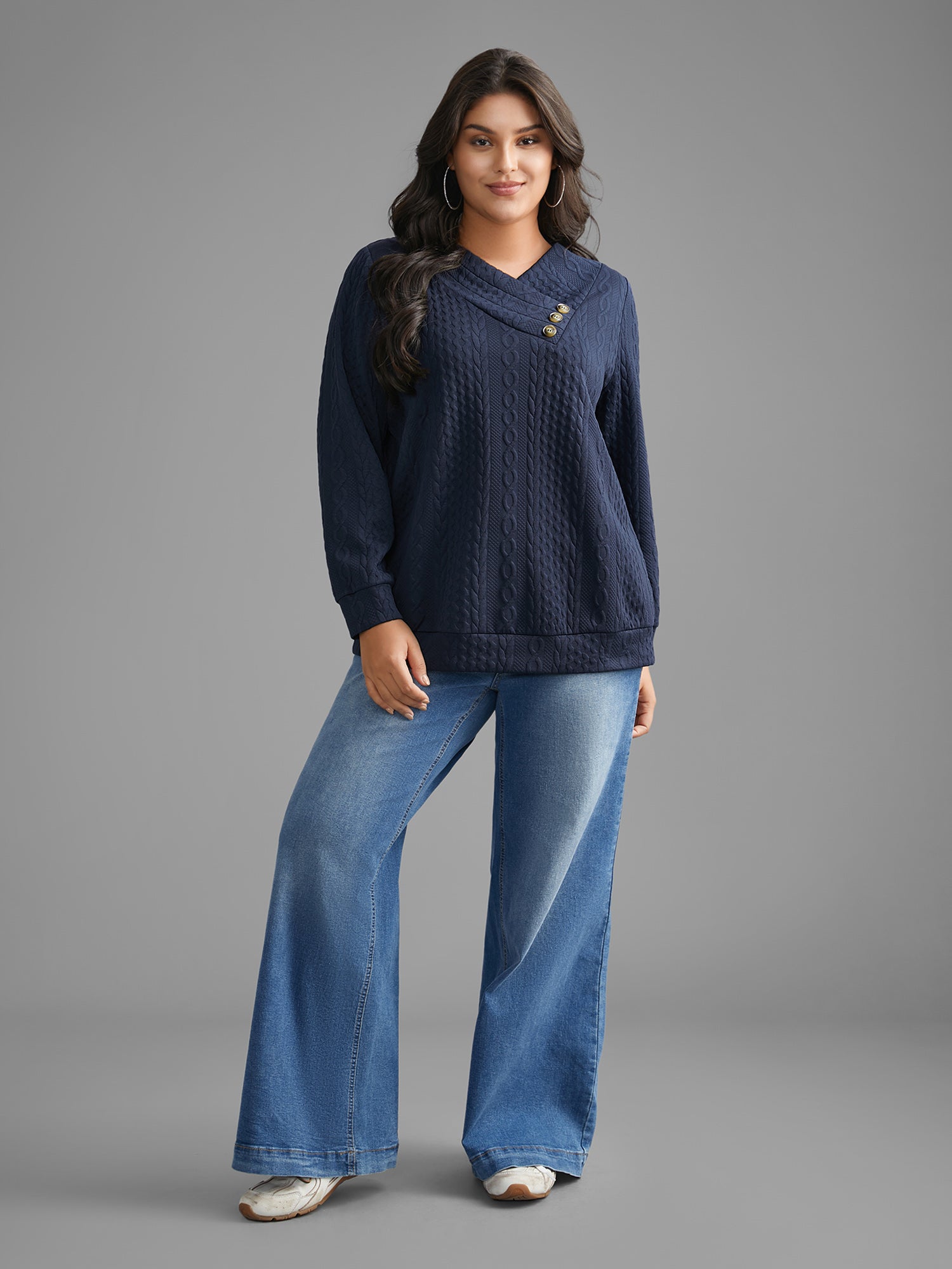 Overlap Collar Textured Button Detail Sweatshirt