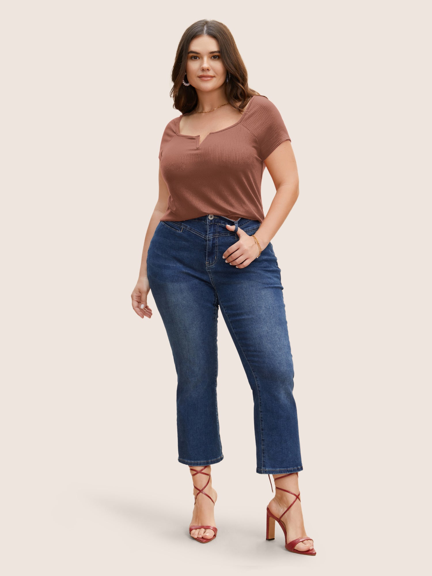 Solid Notched Collar Pit Strip T-shirt