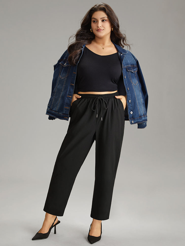 Solid Drawstring Pocket Elastic Waist Pants