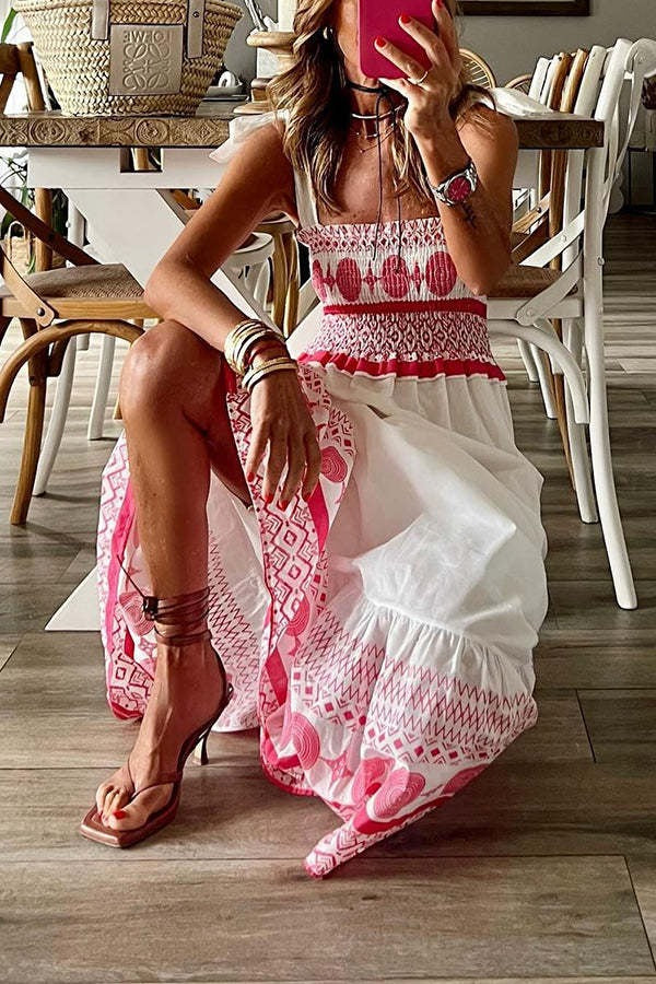 Printed Smocked Shoulder Tie Maxi Dress