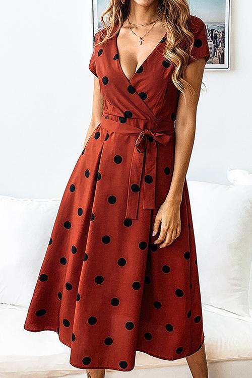 Dot Print V Neck Sleeveless Dress