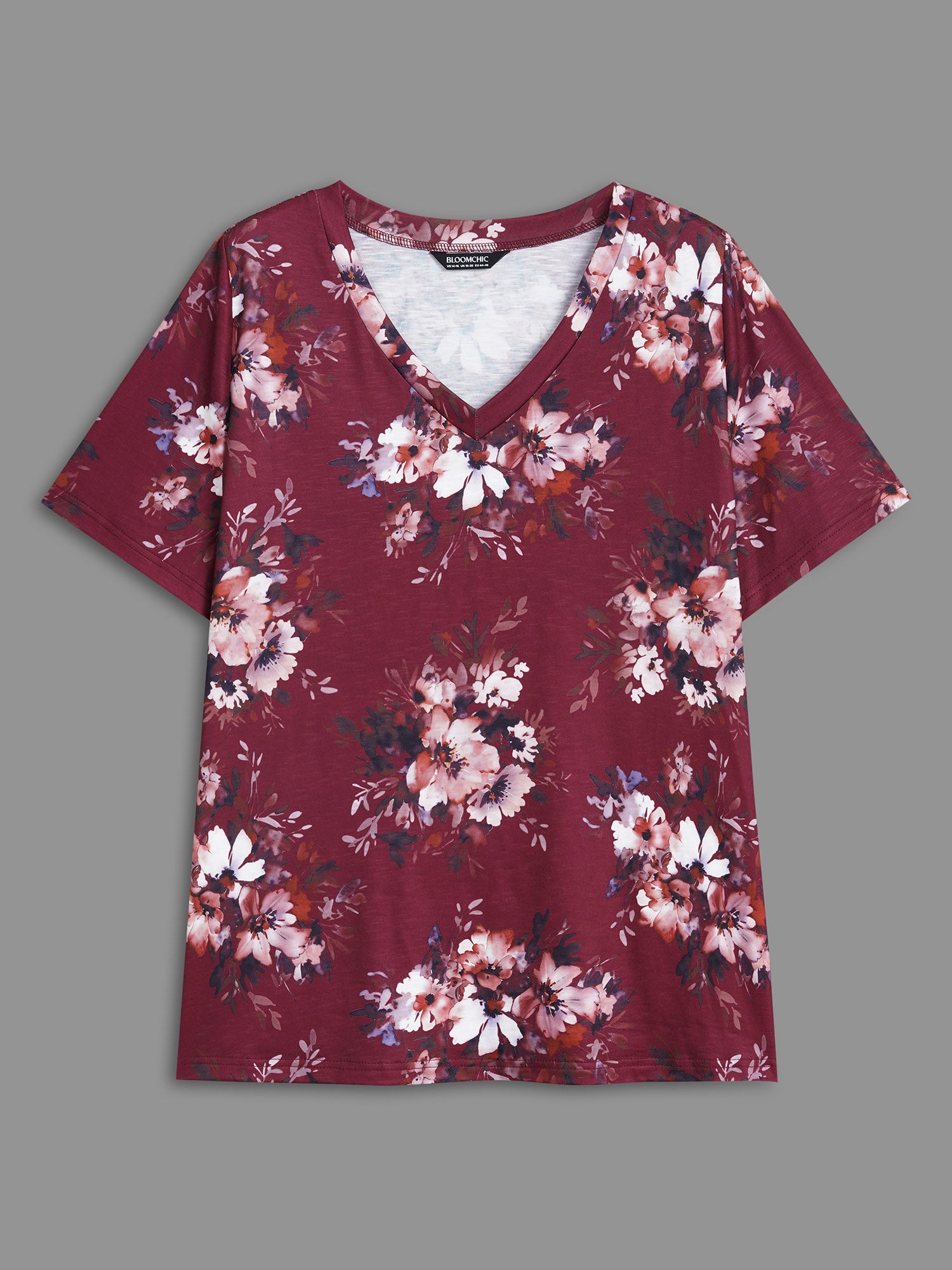 Floral Print V Neck Stretchy T-shirt