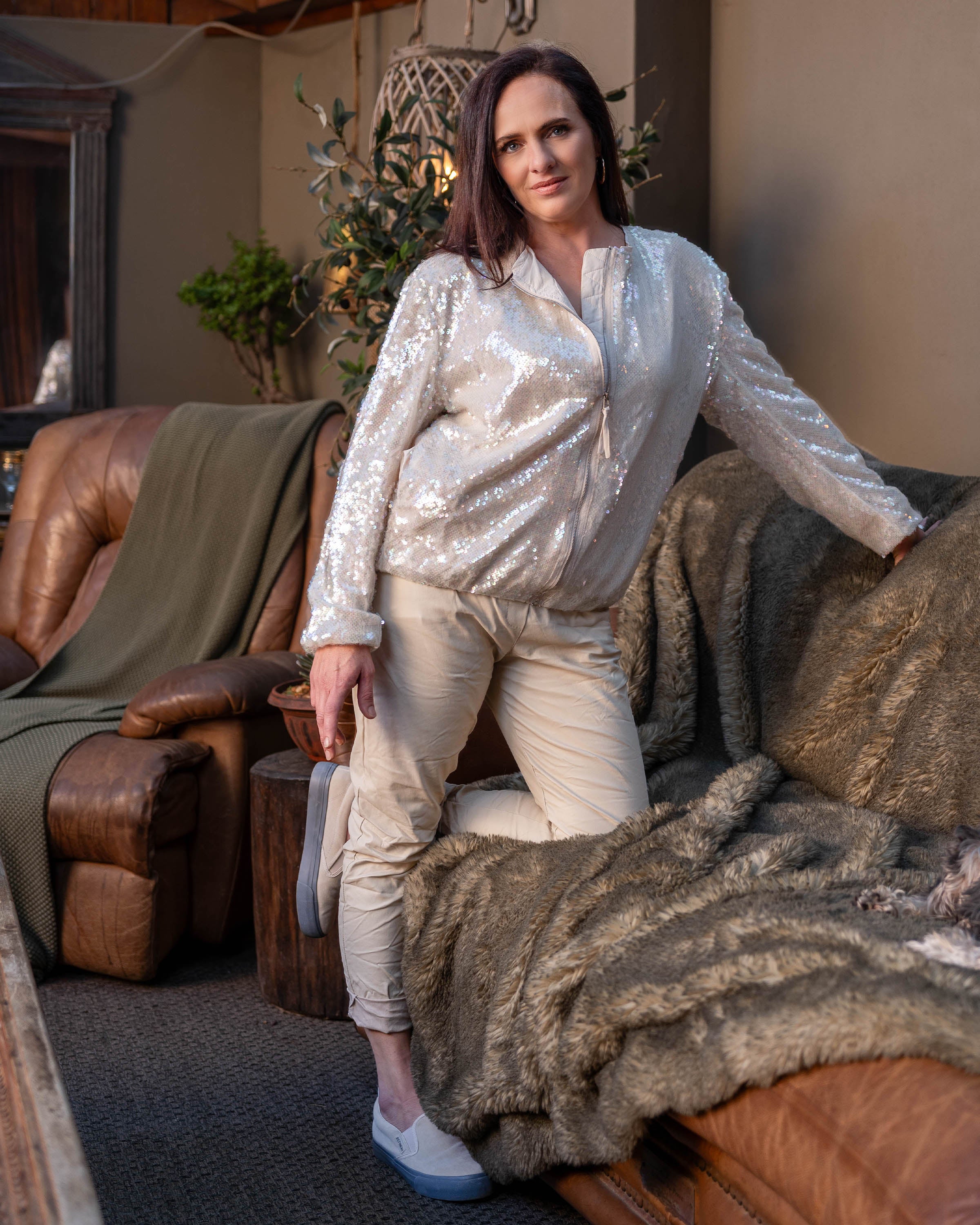 Sequin Sway Zip Jacket | Cream