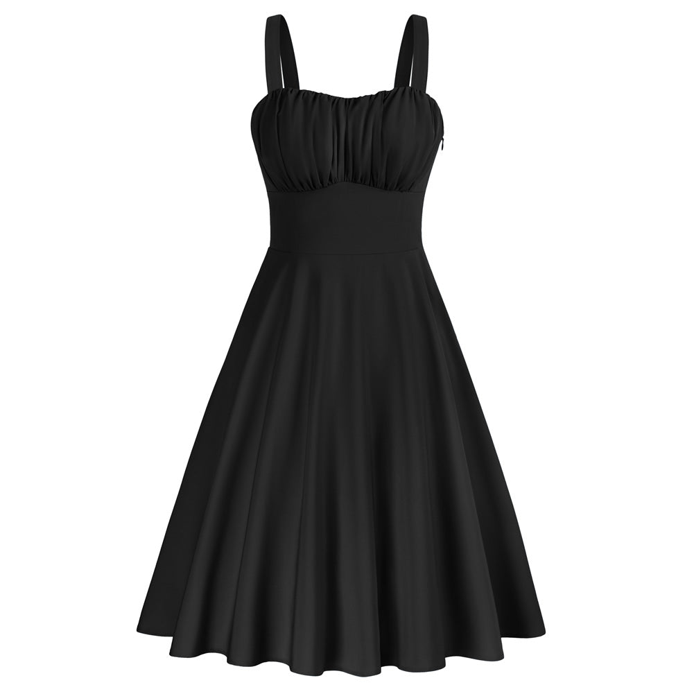 Vintage Solid Color Two-Way Defined Waist Dress Ruched Bodice Flared A-Line Dress