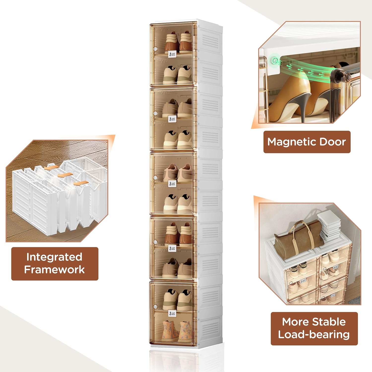 ANTBOX Shoe Organizer Storage Box, Portable Folding Shoe Rack For Closet With Magnetic Clear Door