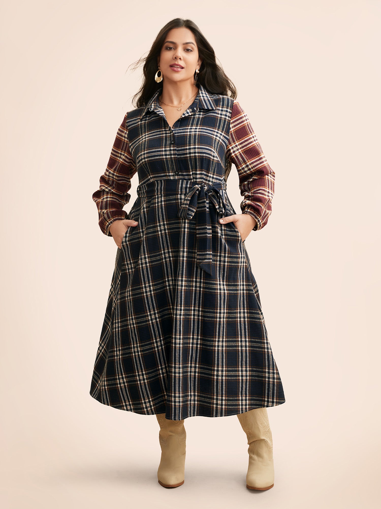 Shirt Collar Plaid Contrast Belted Dress