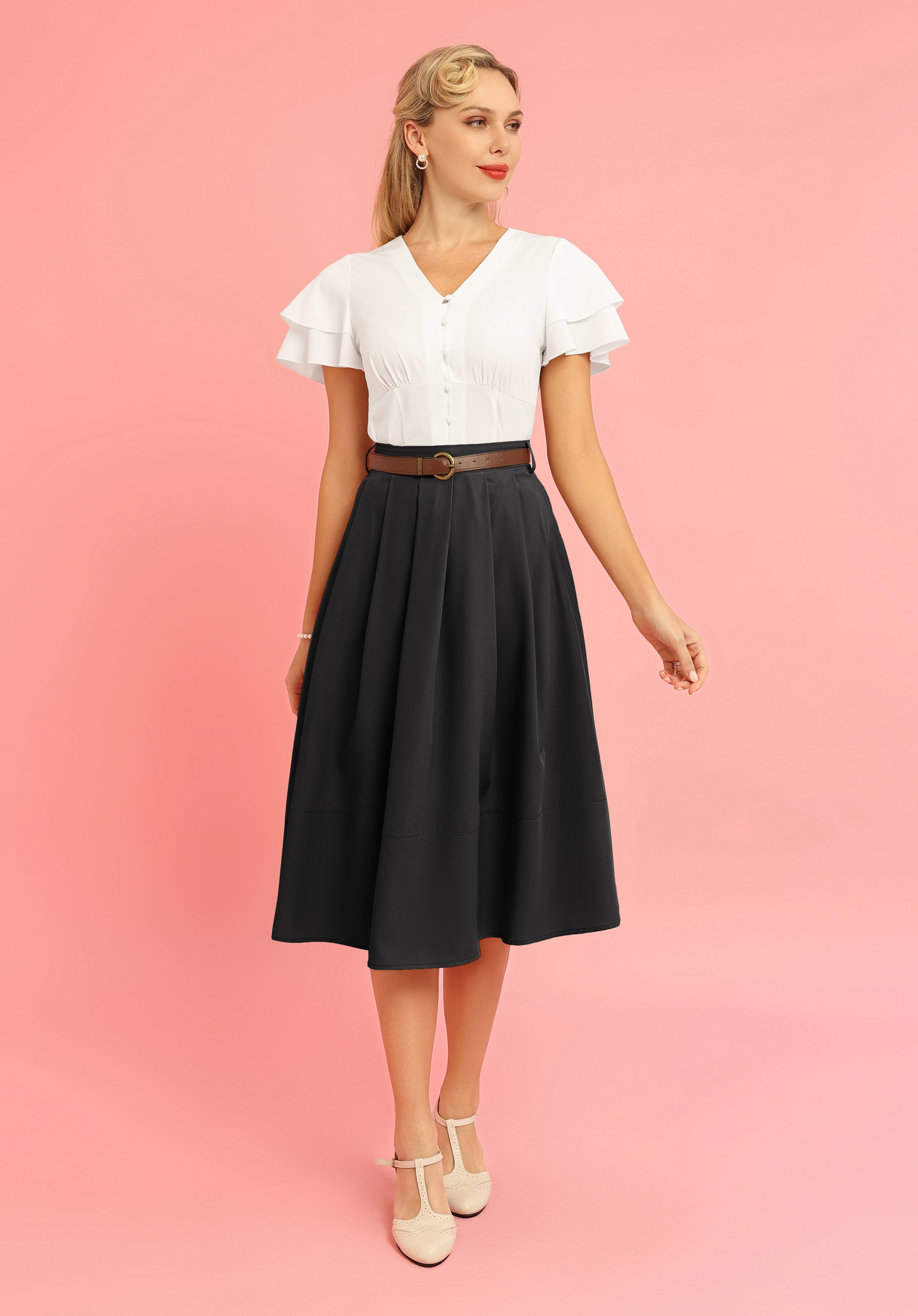 Pleated Swing Skirt with Belt Elastic High Waist A-Line Midi Skirt