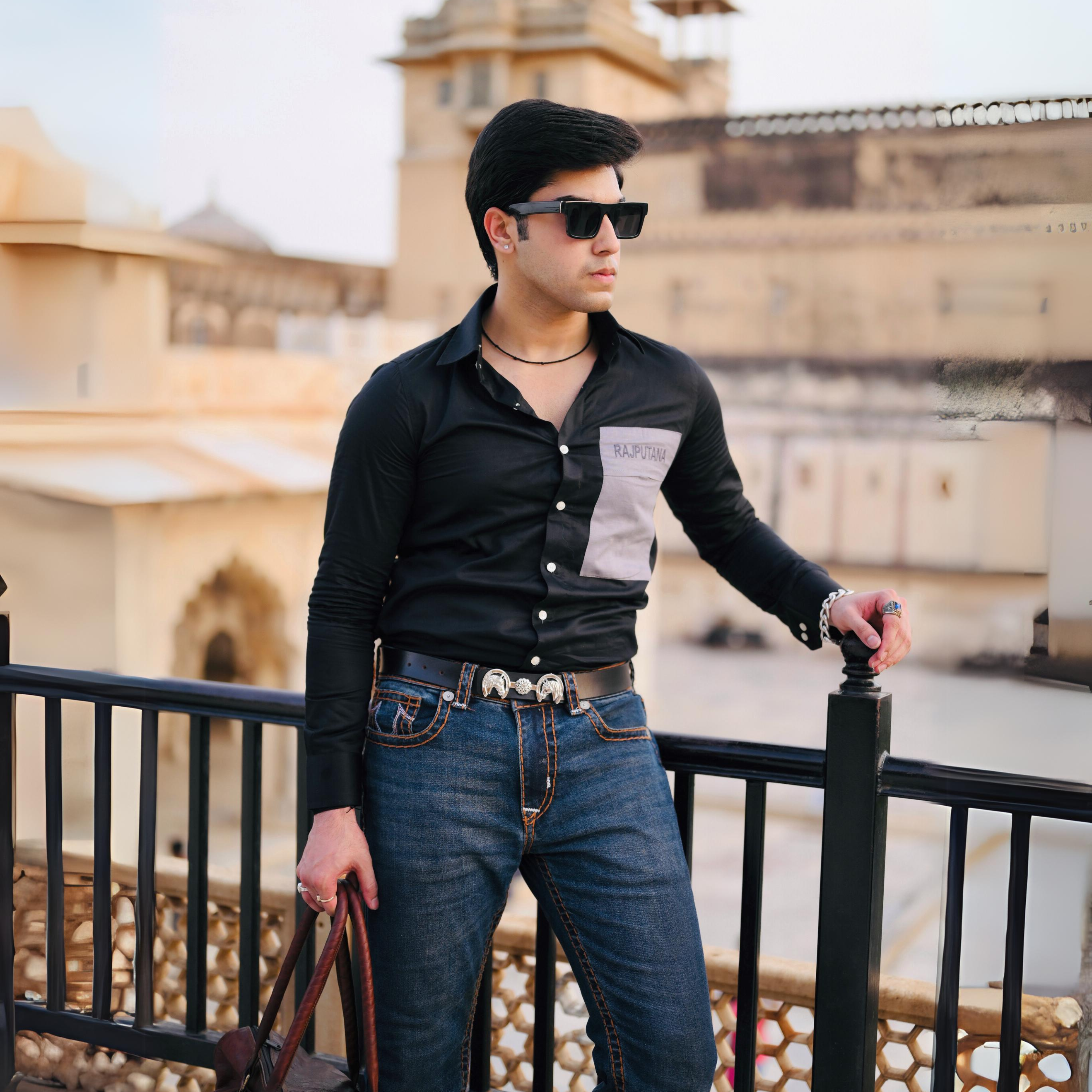 Jade Black Premium Rajputana Shirt with Grey Patch Pocket