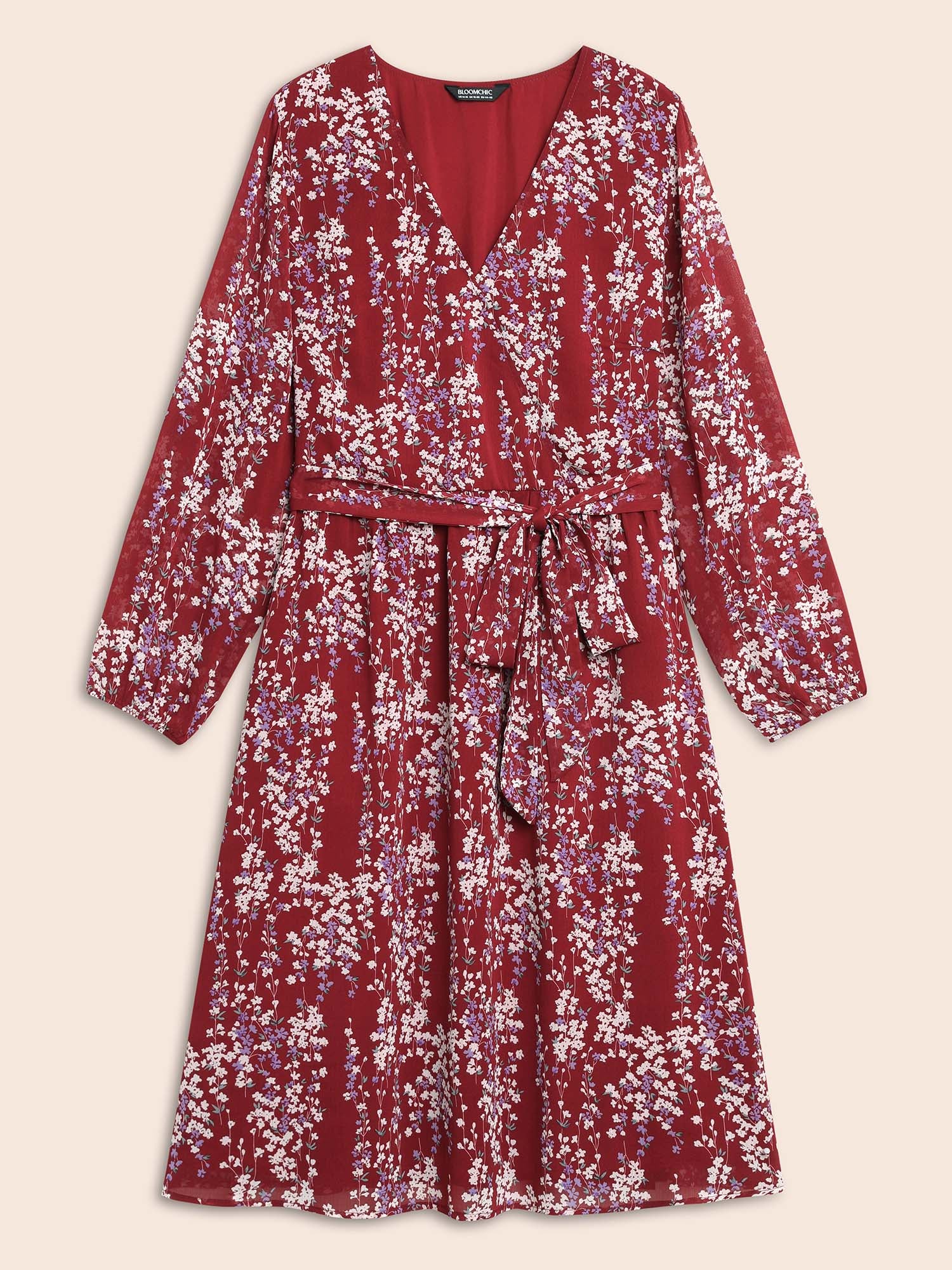 Ditsy Floral Overlap Collar Belted Dress