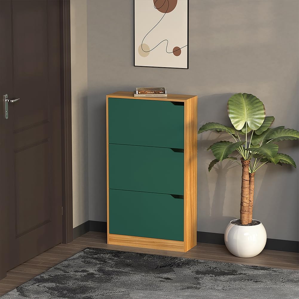 Wood Shoe Cabinet with 3 Doors, Shoe Cabinets, Retractable Handles, Double Depth, 63 x 24 x 115 cm
