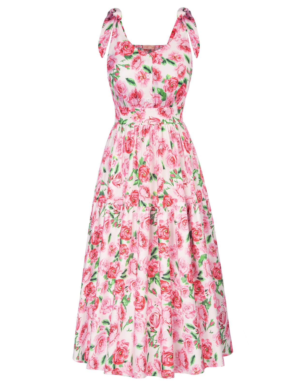 Floral Printed Tiered Midi Dress Sleeveless V-Neck Defined Waist A-Line Dress