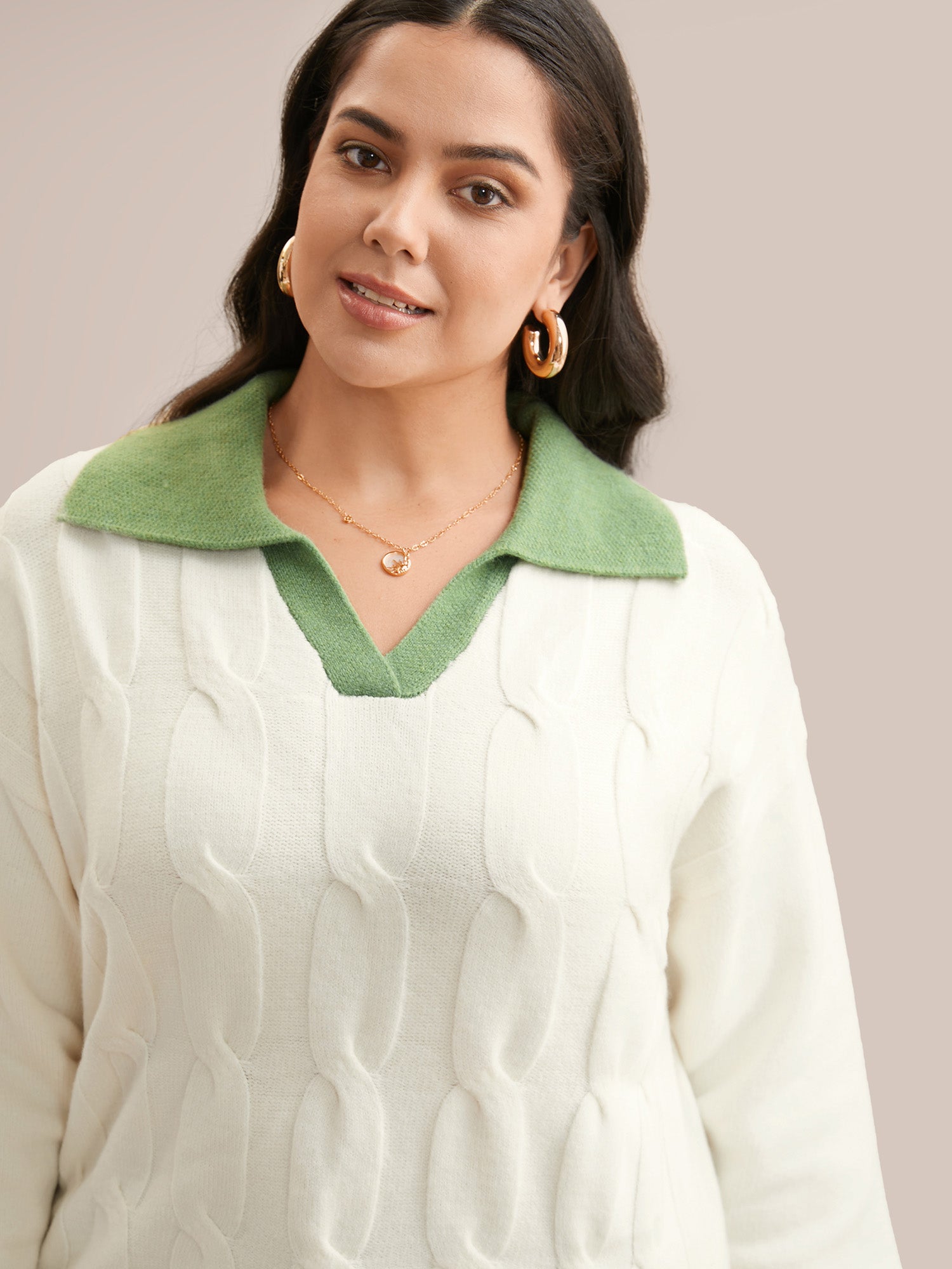 Supersoft Essentials Contrast Polo Neck Cable Knit Pullover