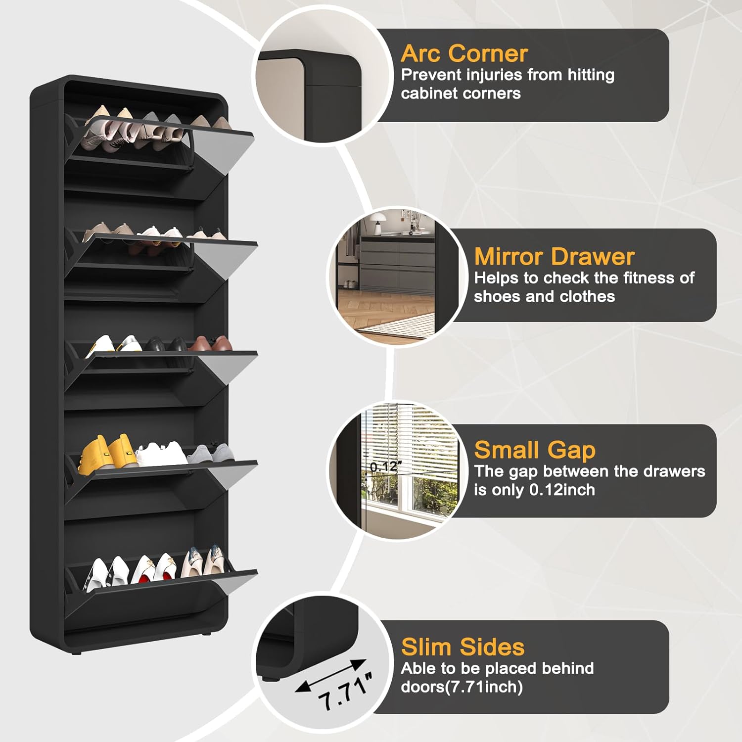 Entrance Shoe Locker, 5 Tier Full Length Mirror Shoe Organizer Wooden Narrow Shoe Cabinet, White Shoe Rack for Front Door Entrance Outdoor