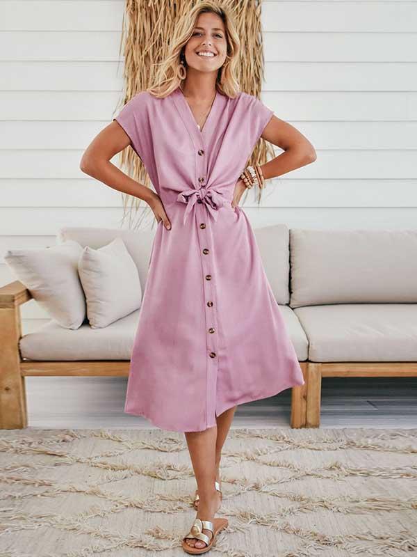 Button V-Neck Strap Dress