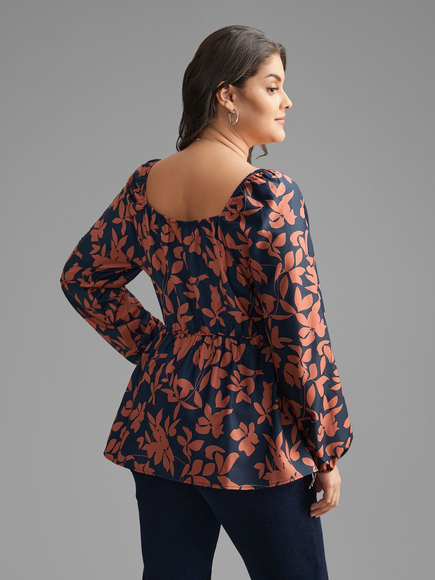 Notched Silhouette Floral Print Lantern Sleeve Blouse