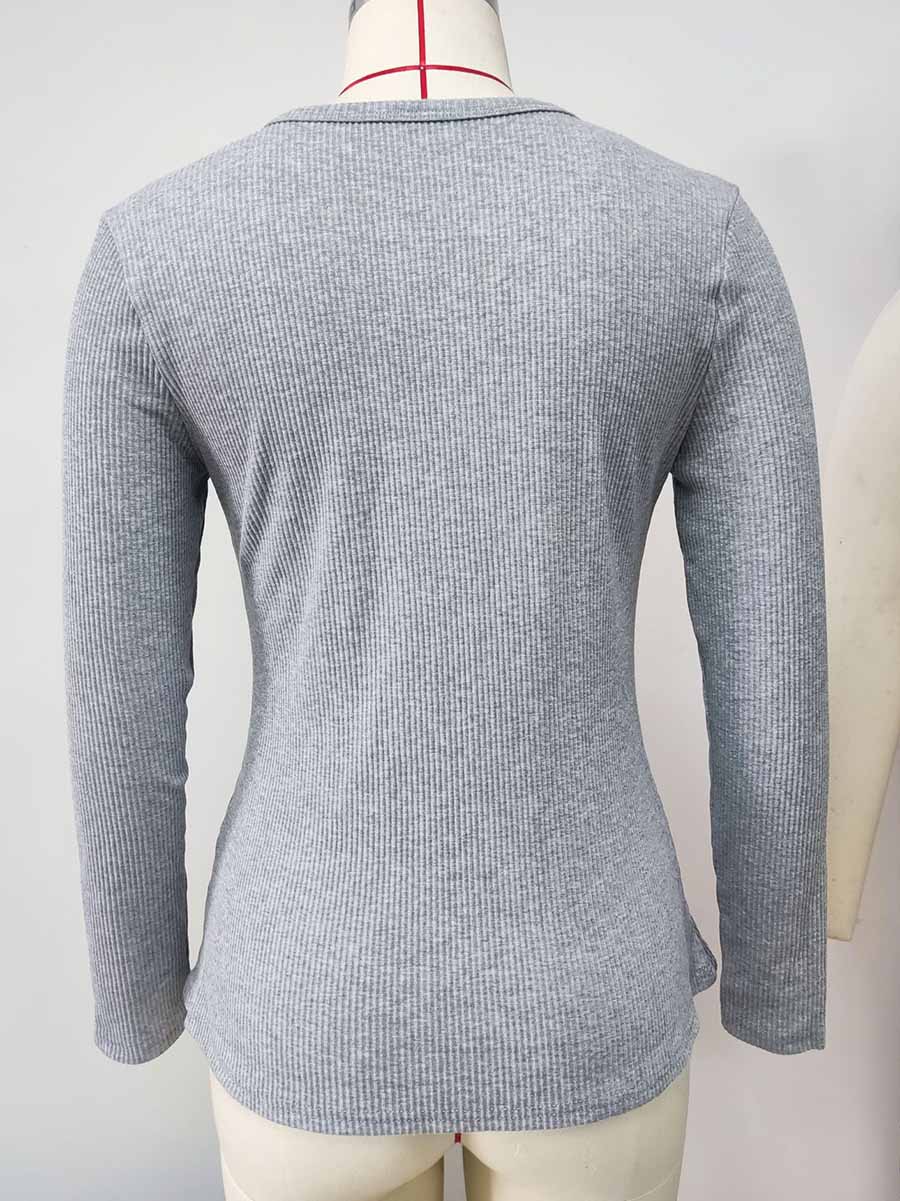 Solid Color V-Neck Long-Sleeved T-Shirt