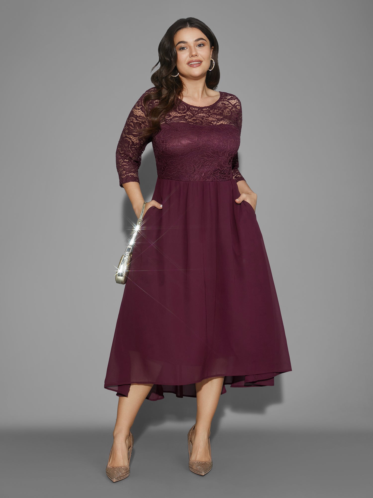 Crochet Lace High Low Hem Midi Dress