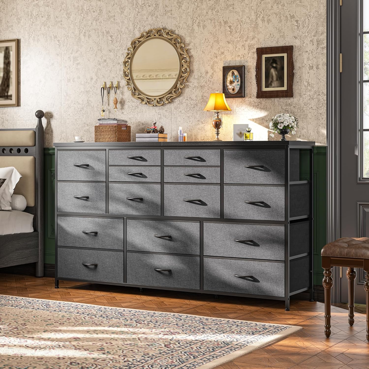 Dresser for Bedroom with 16 Fabric Drawers Long Dresser with Charging Station TV Stand for 60