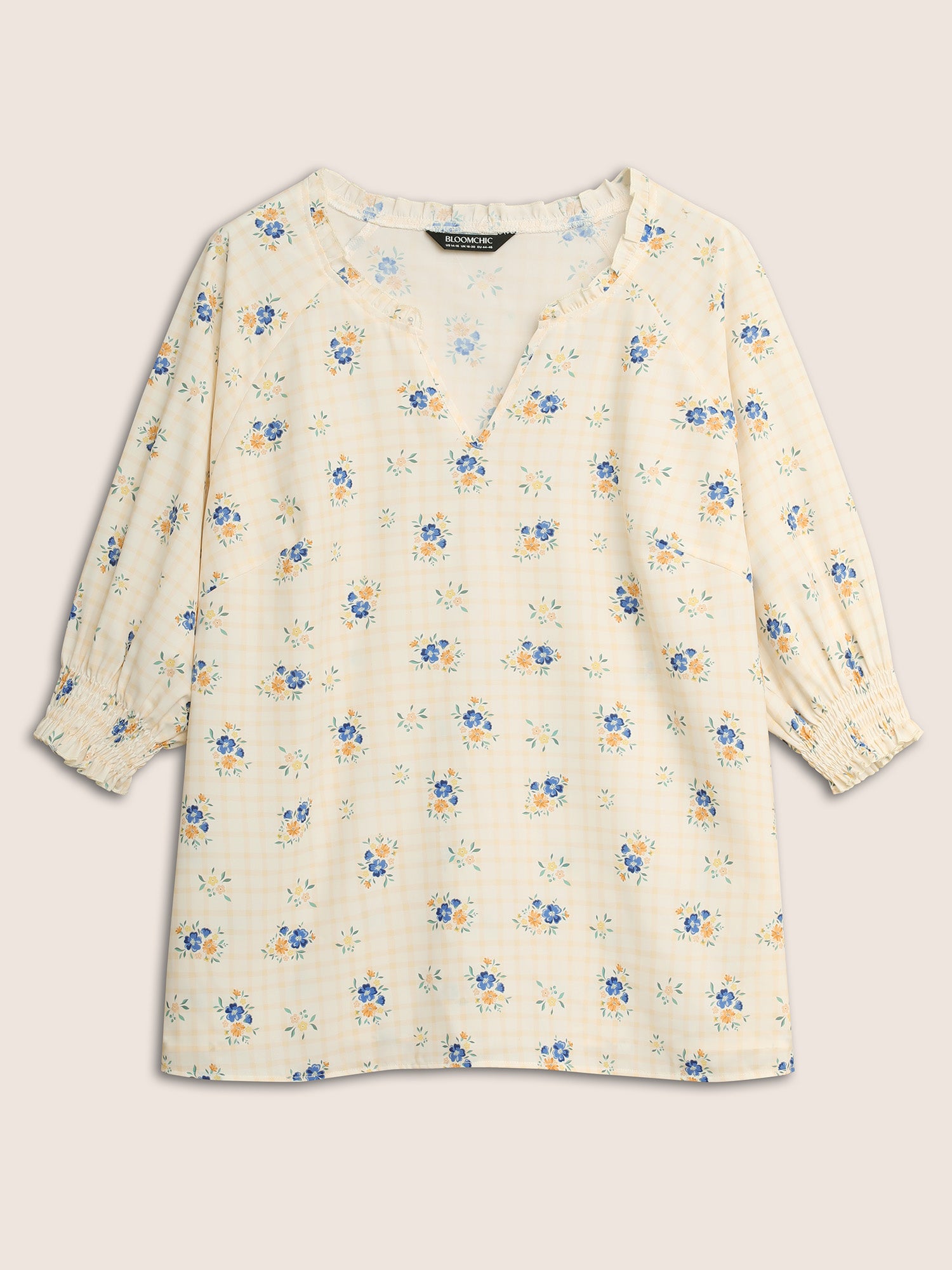 Boho Print Notched Frill Trim Shirred Blouse