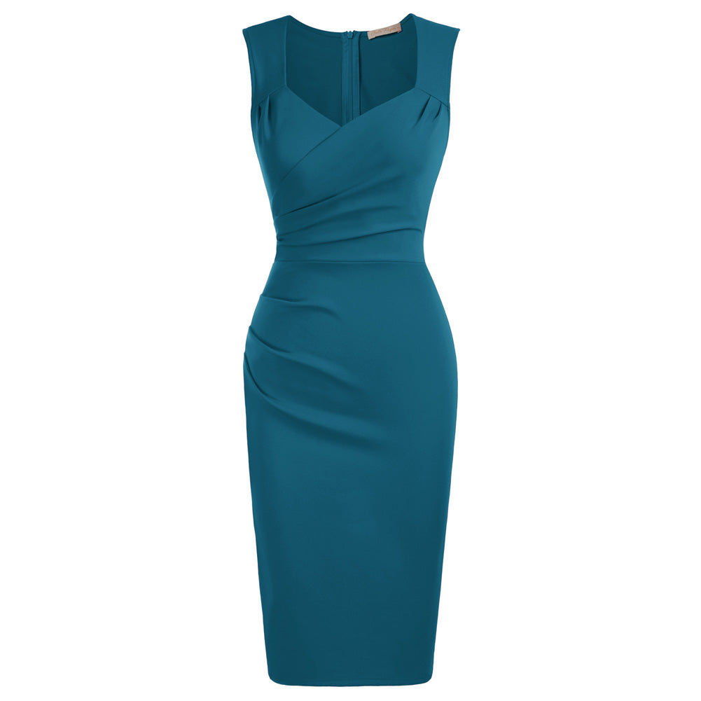 Vintage Ruched Bodycon Dress Sleeveless Surplice V-Neck Pencil Dress