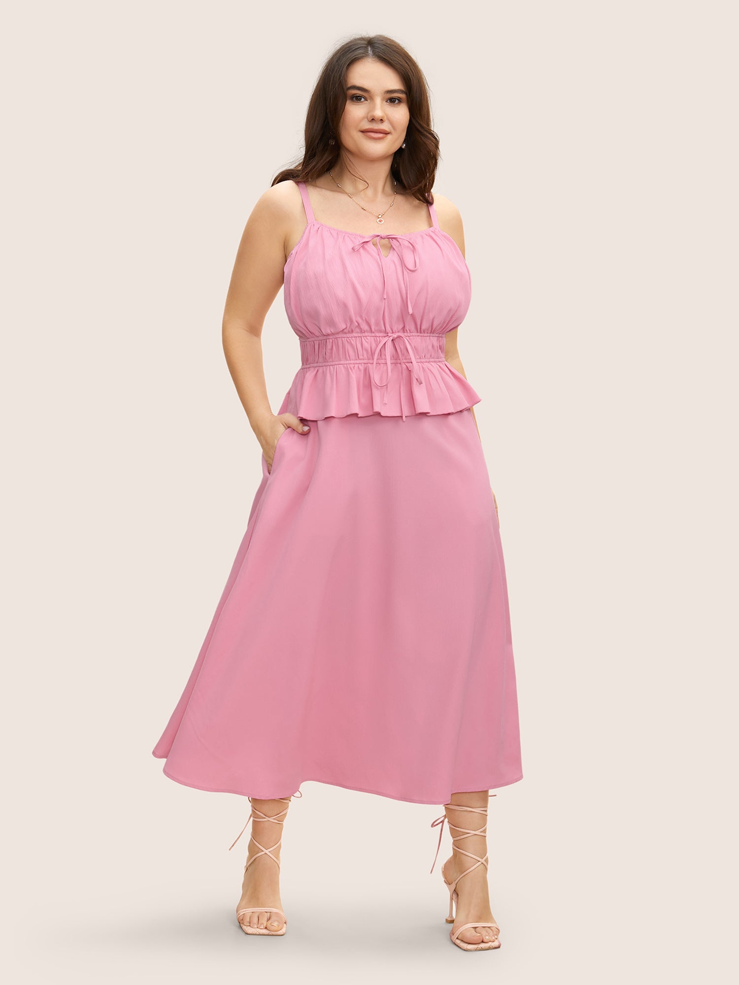 Plain Textured Tie Knot Ruffles Cami Dress