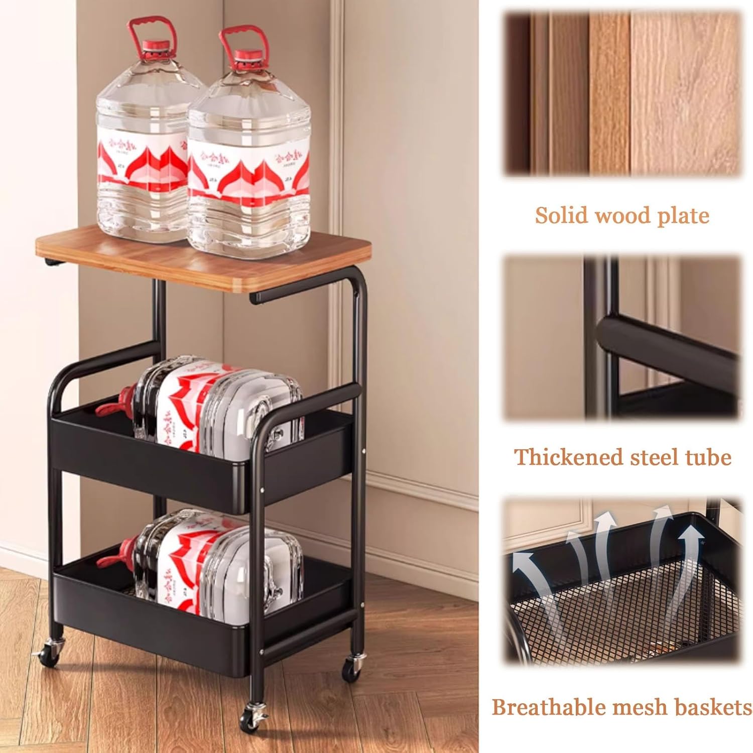 Mobile Side Table 30in Square Endtable with 3 Tier Wood Open Shelf