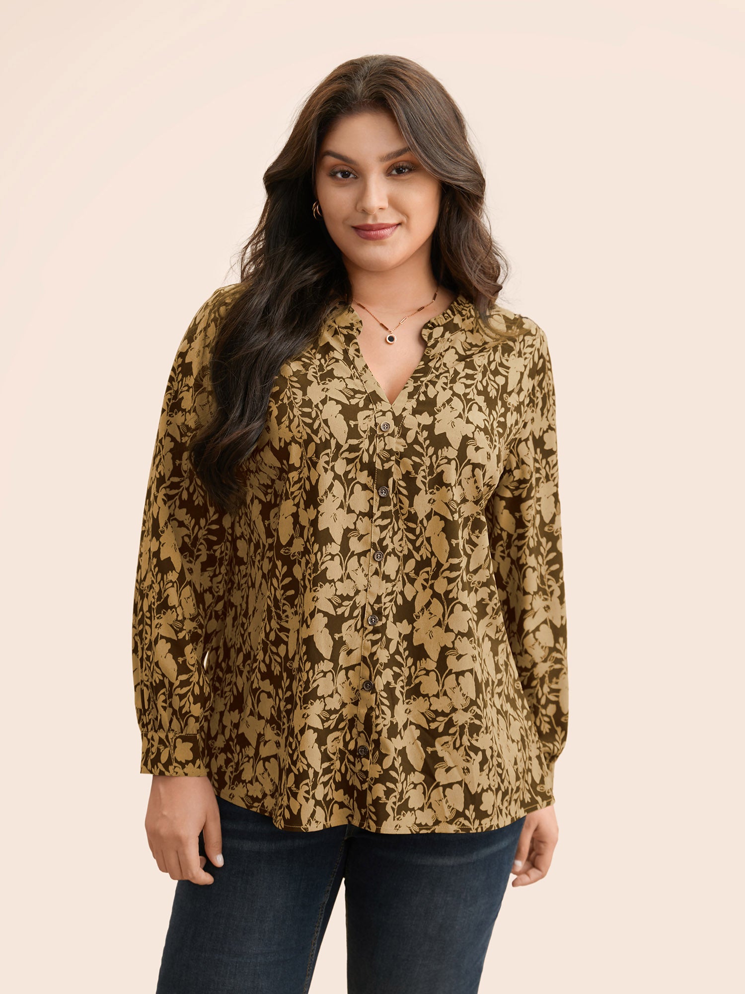 Silhouette Floral Print Notched Frill Trim Blouse