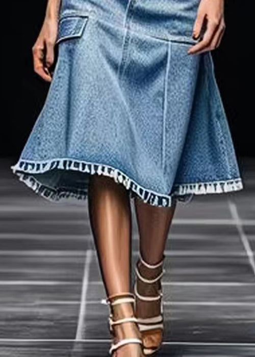 Blue Pockets High Waist Patchwork  Skirt Summer