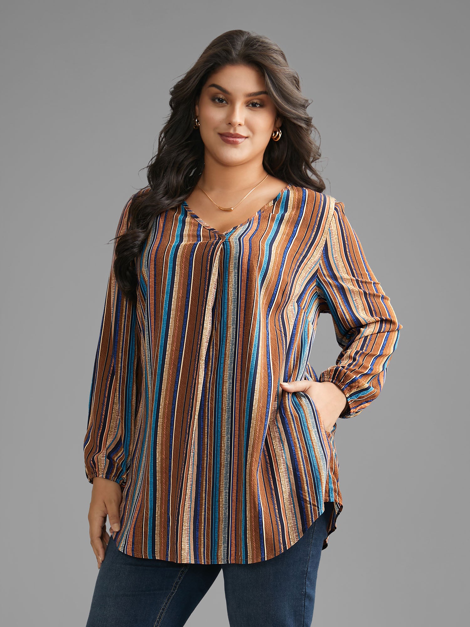 Contrast Striped Pocket Lantern Sleeve Blouse