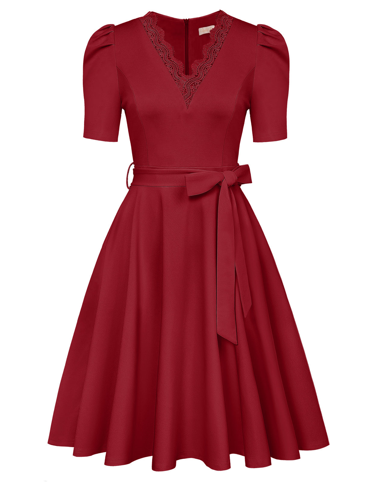 Tea Length Dress with Pockets Short Sleeve Tie Waist Dress V Neck A Line Dress