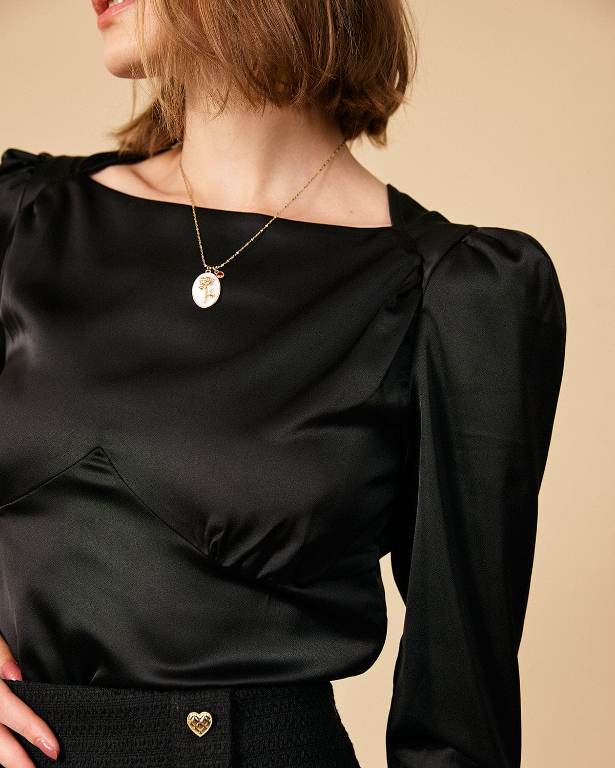 The Solid Puff Sleeve Tie-back Satin Blouse