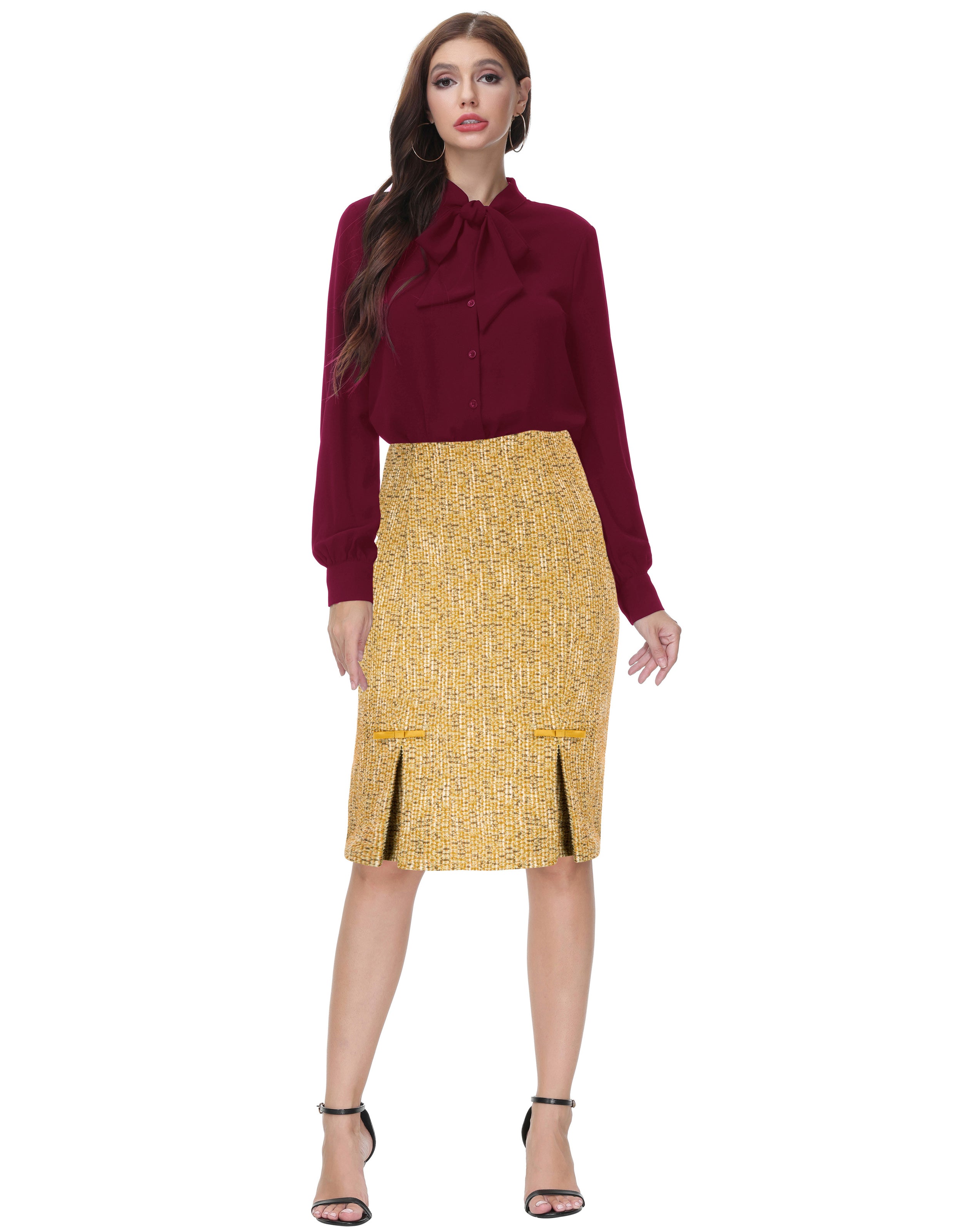 Vintage Back Slit Skirt High Waist Kickpleats Decorated Pencil Skirt