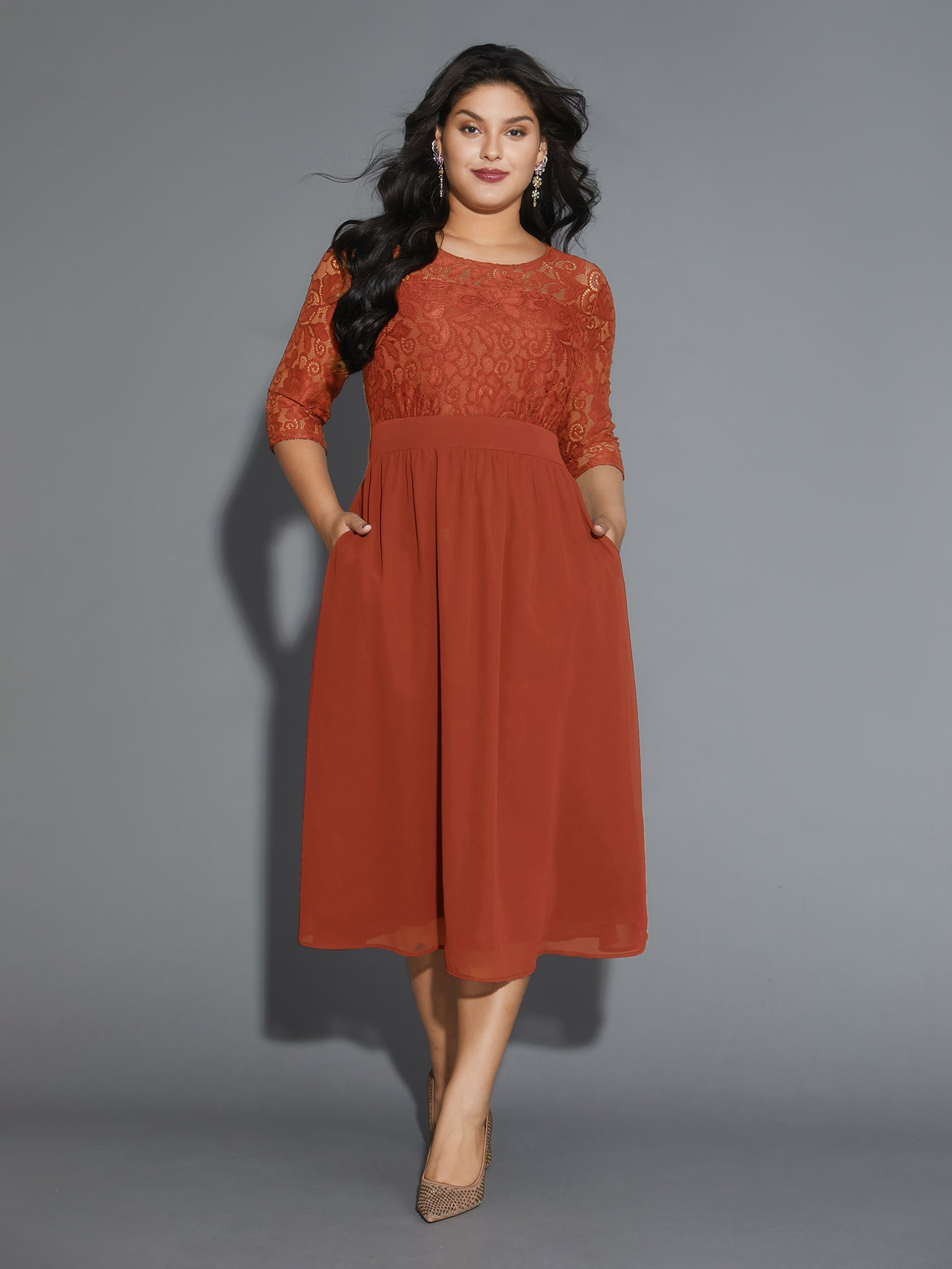 Lace Patchwork Shirred Midi Pocket Dress
