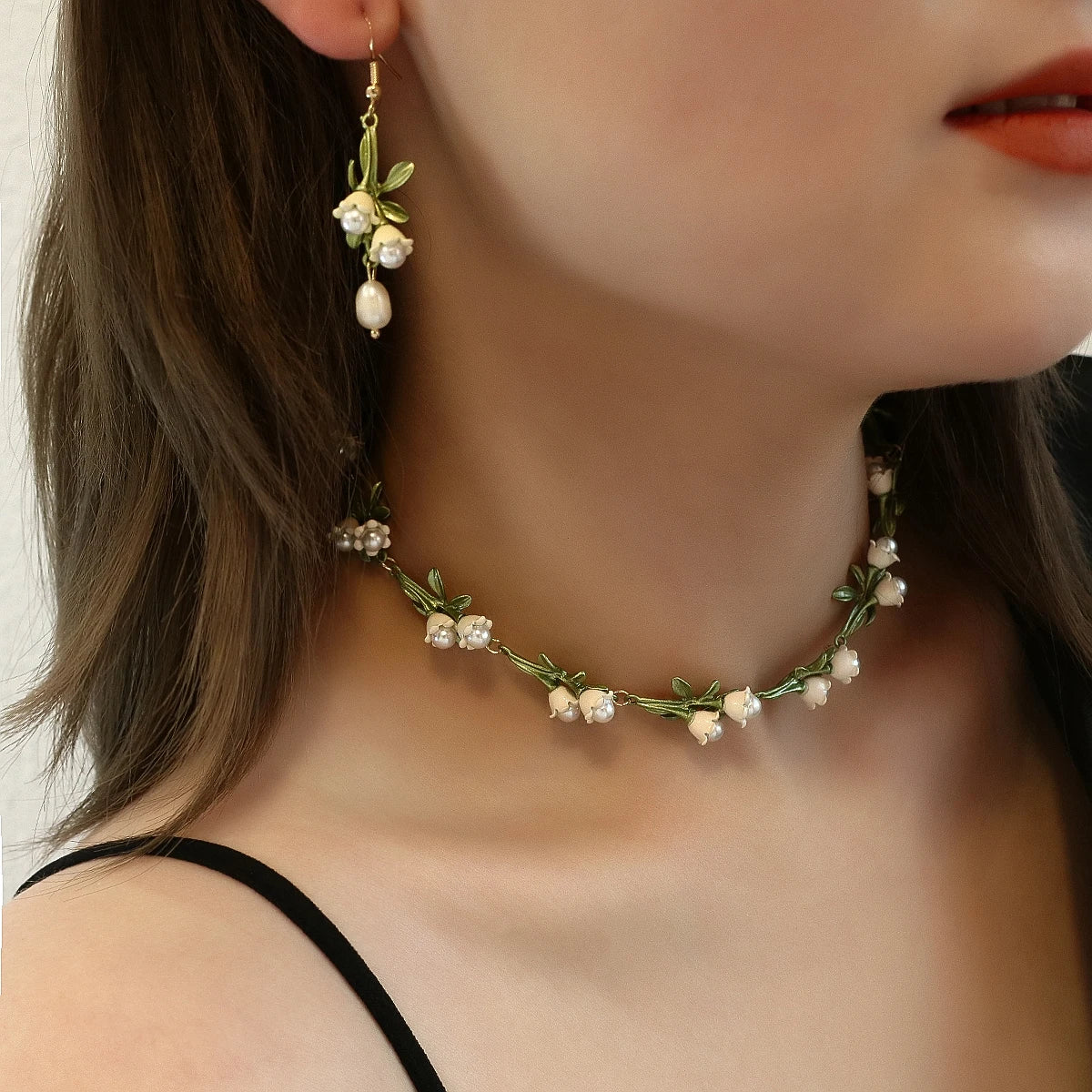 Lily of the Valley Pearl Choker Necklace. Bracelet. and Earrings Set