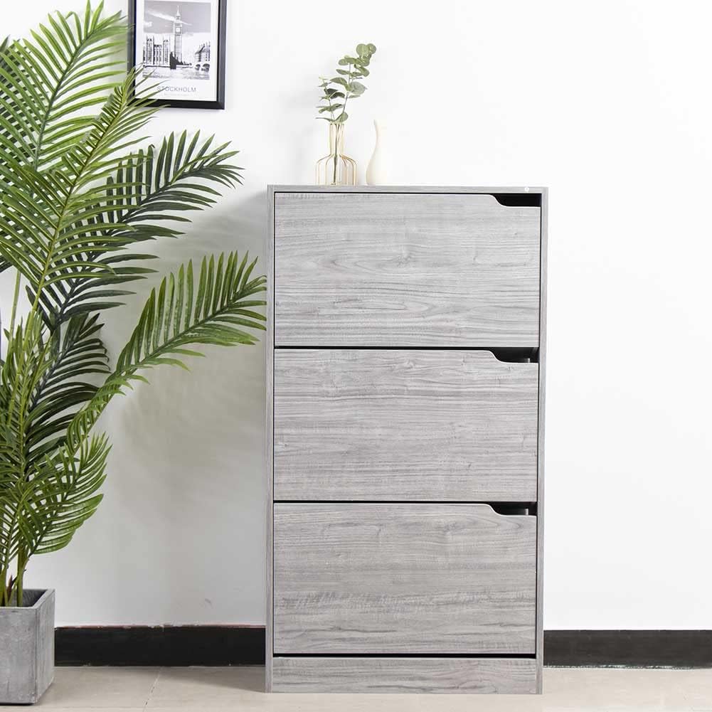 Wood Shoe Cabinet with 3 Doors, Shoe Cabinets, Retractable Handles, Double Depth, 63 x 24 x 115 cm