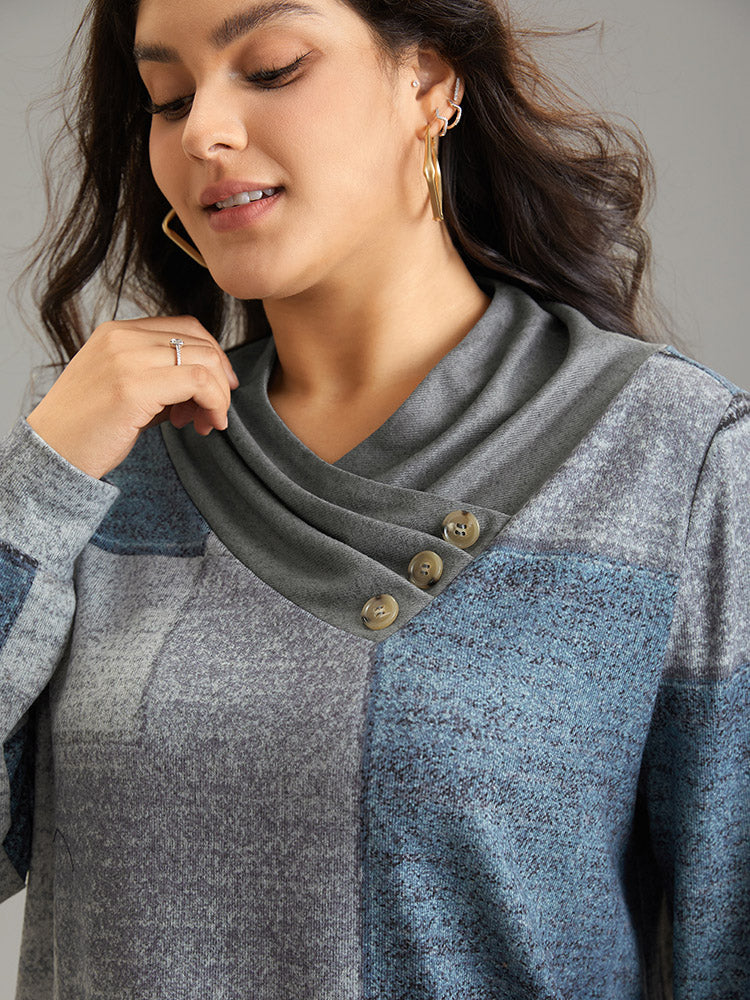 Asymmetrical Colorblock Button Detail Pleated T-shirt