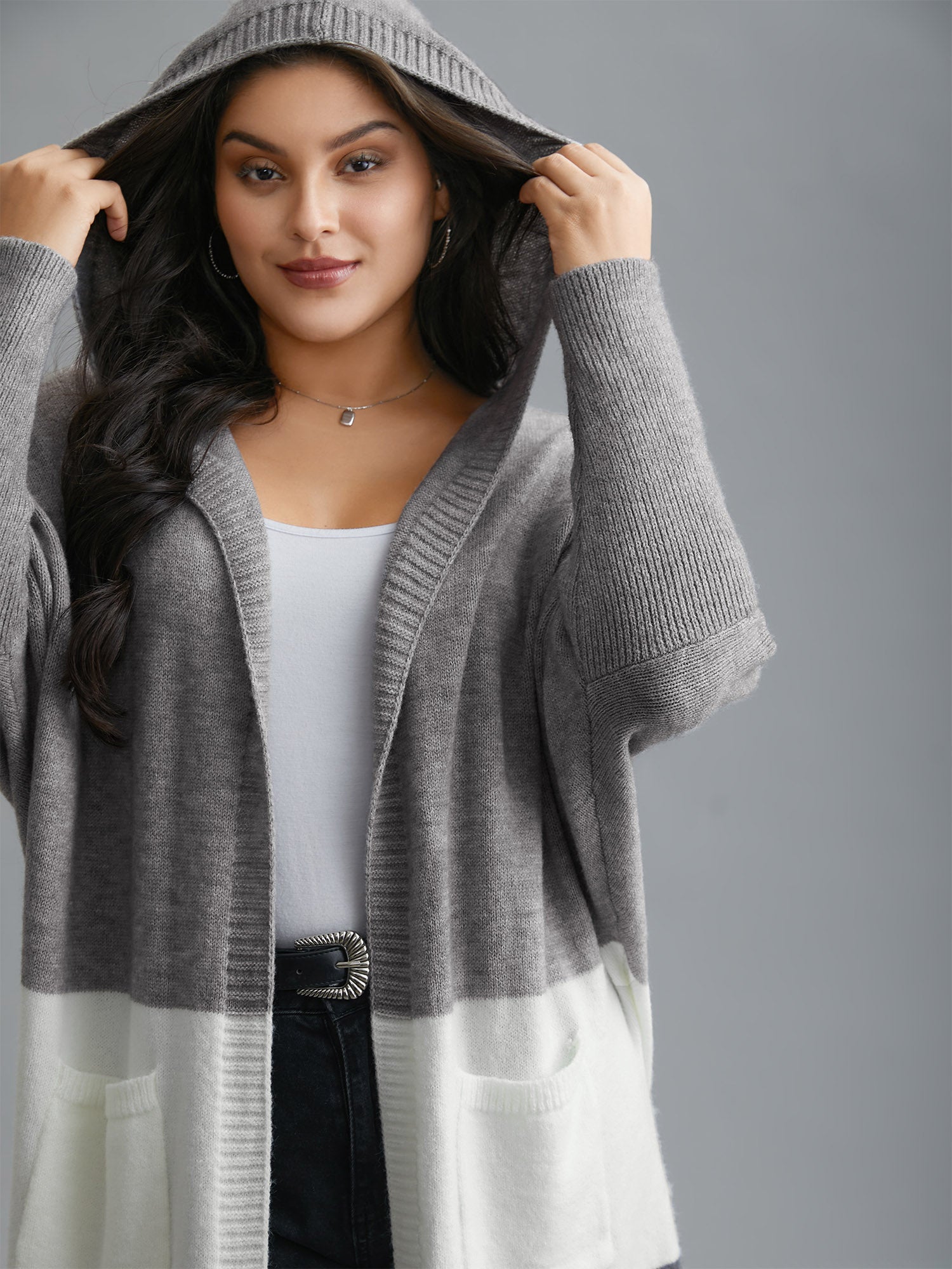 Color Block Dolman Sleeves Hooded Knit Cardigan