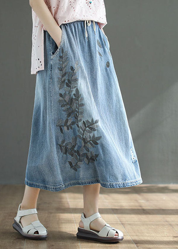 Light Blue High Waist Drawstring Print Cotton Denim Skirts Summer