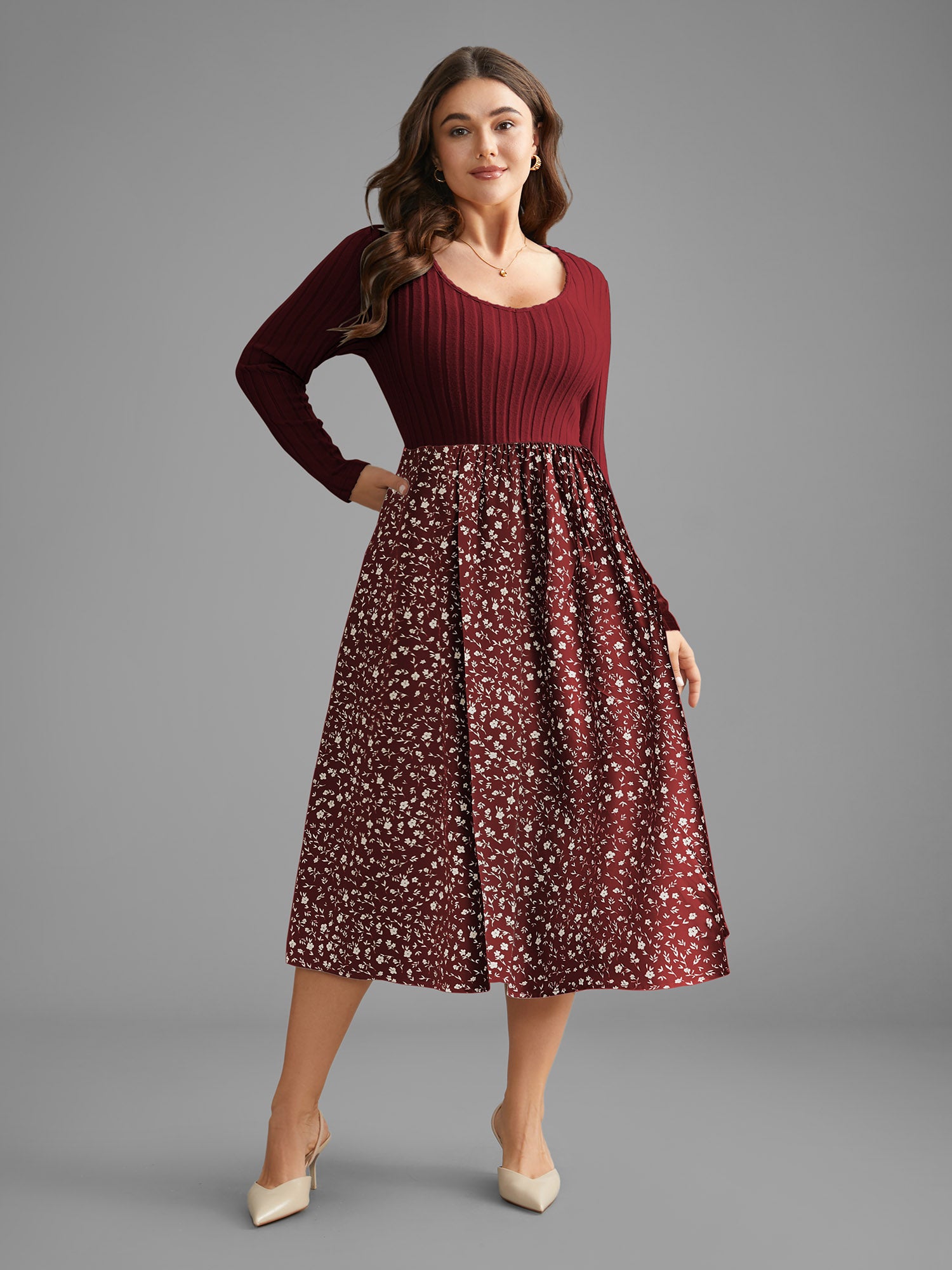 Ditsy Floral Patchwork Texture Midi Dress