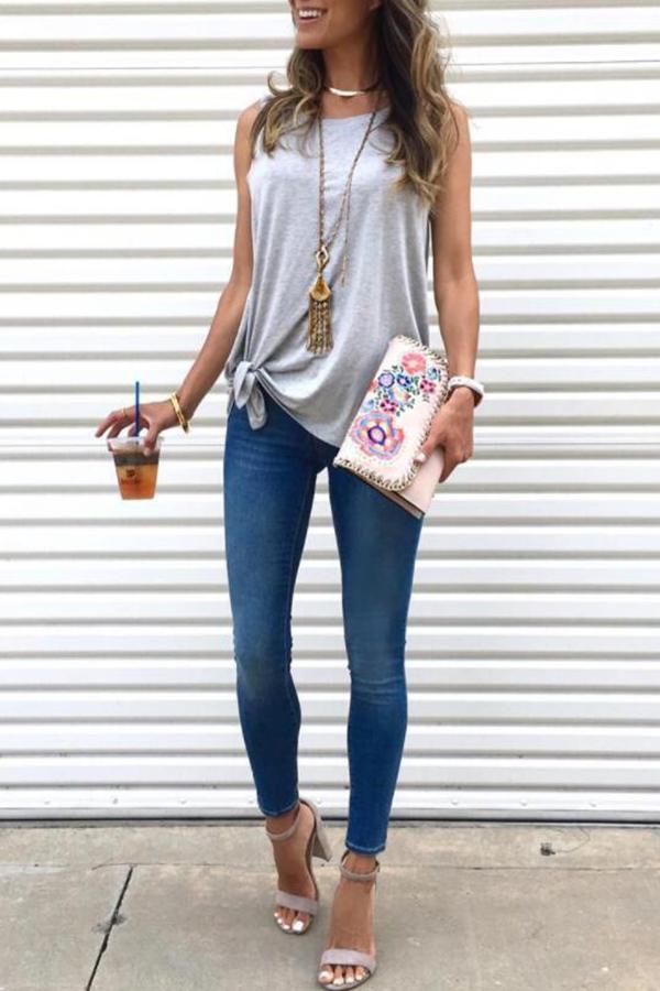 Sleeveless Solid Color Round Collar  Vest