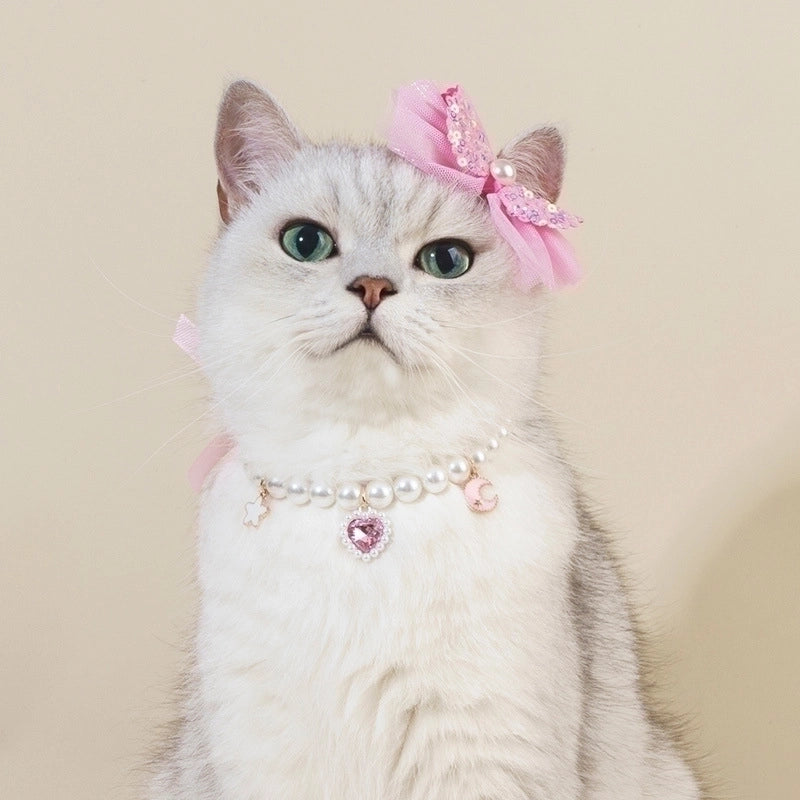 Sweet Metal Abs Bead Polyester Heart Shape Pet Accessories