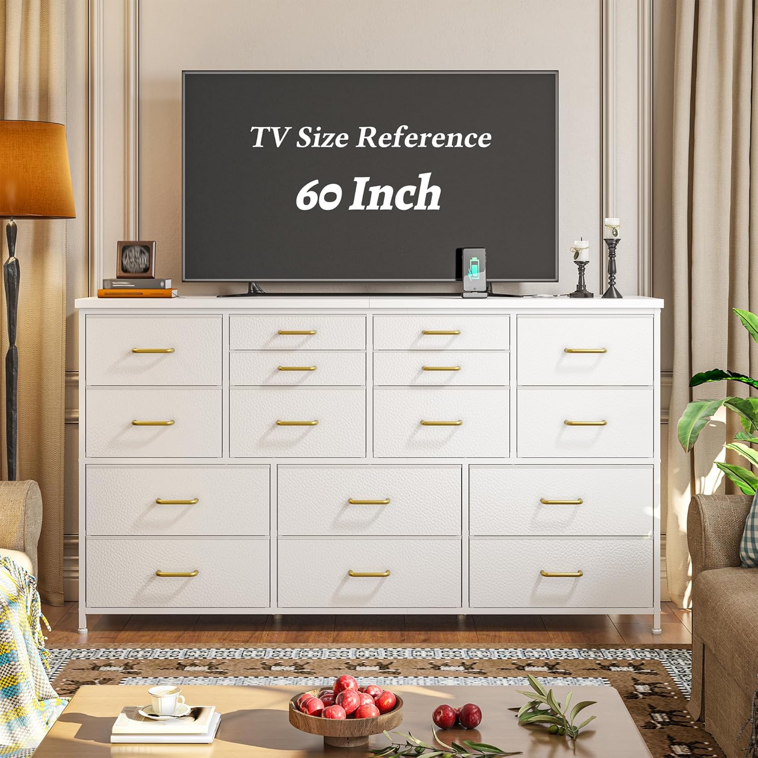 Dresser for Bedroom with 16 Fabric Drawers Long Dresser with Charging Station TV Stand for 60