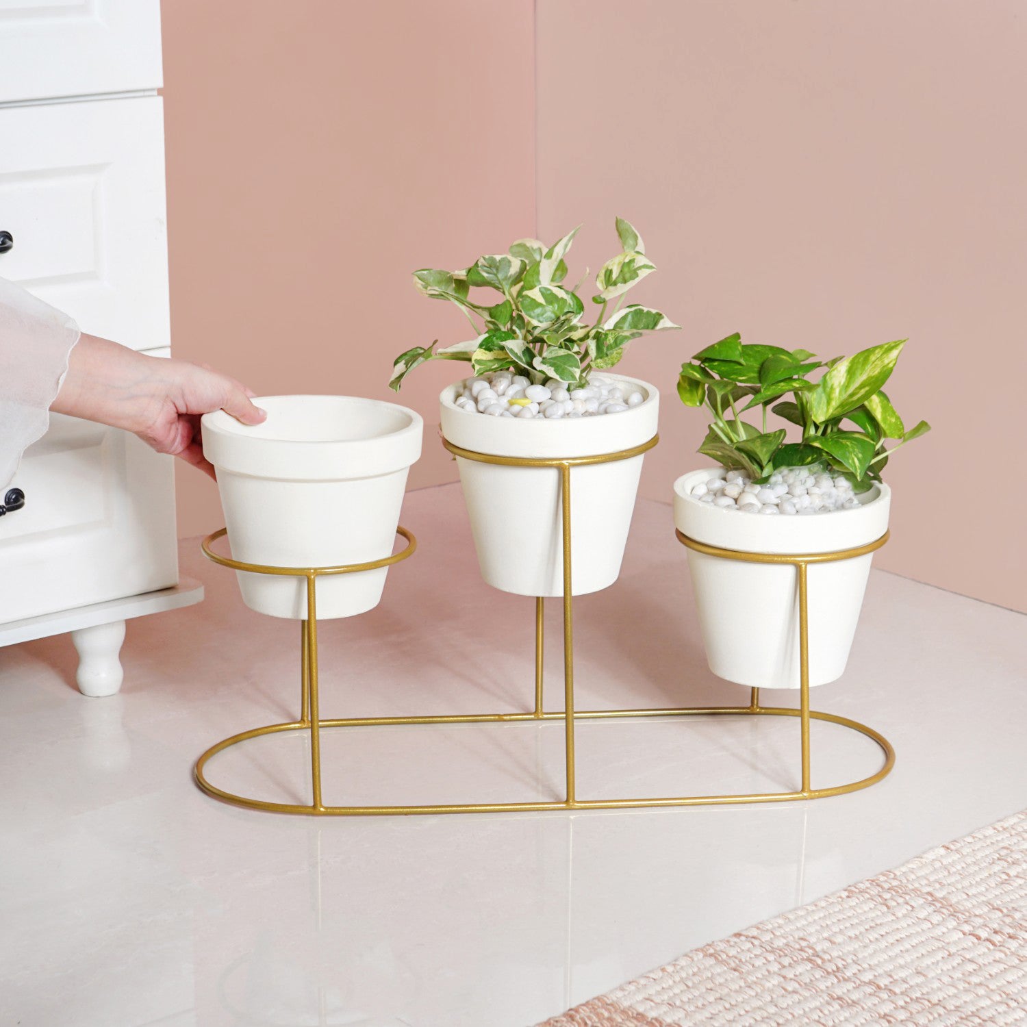 TerraTier Gold Stand With Three White Planters Off White