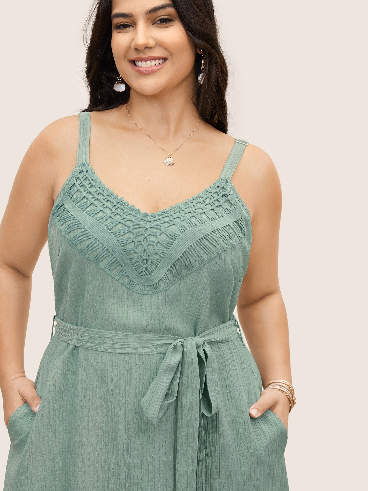 Texture Lace Trim Belted Cami Dress